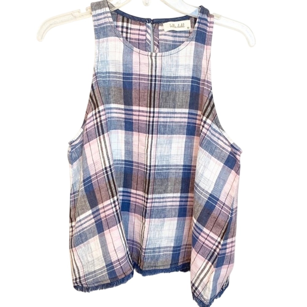 Bella Dahl Womens Plaid Linen Blend Sleeveless Frayed Hem Top Blue Pink Size M